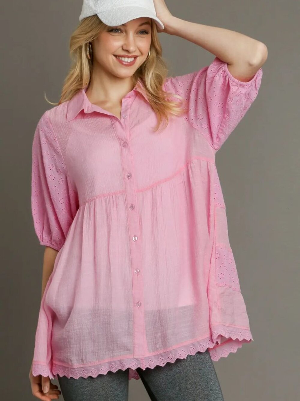B37 Umgee Eyelet Mix 3/4 Sleeve Collar Button Down Back Tiered Tunic NEW